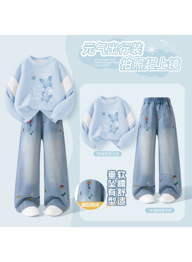 Babu Bean Girl's Two-piece Set, Spring And Autumn Fashion, Short Hoodie With Cartoon Embroidery And Versatile Jeans For Big Kids - Image 2